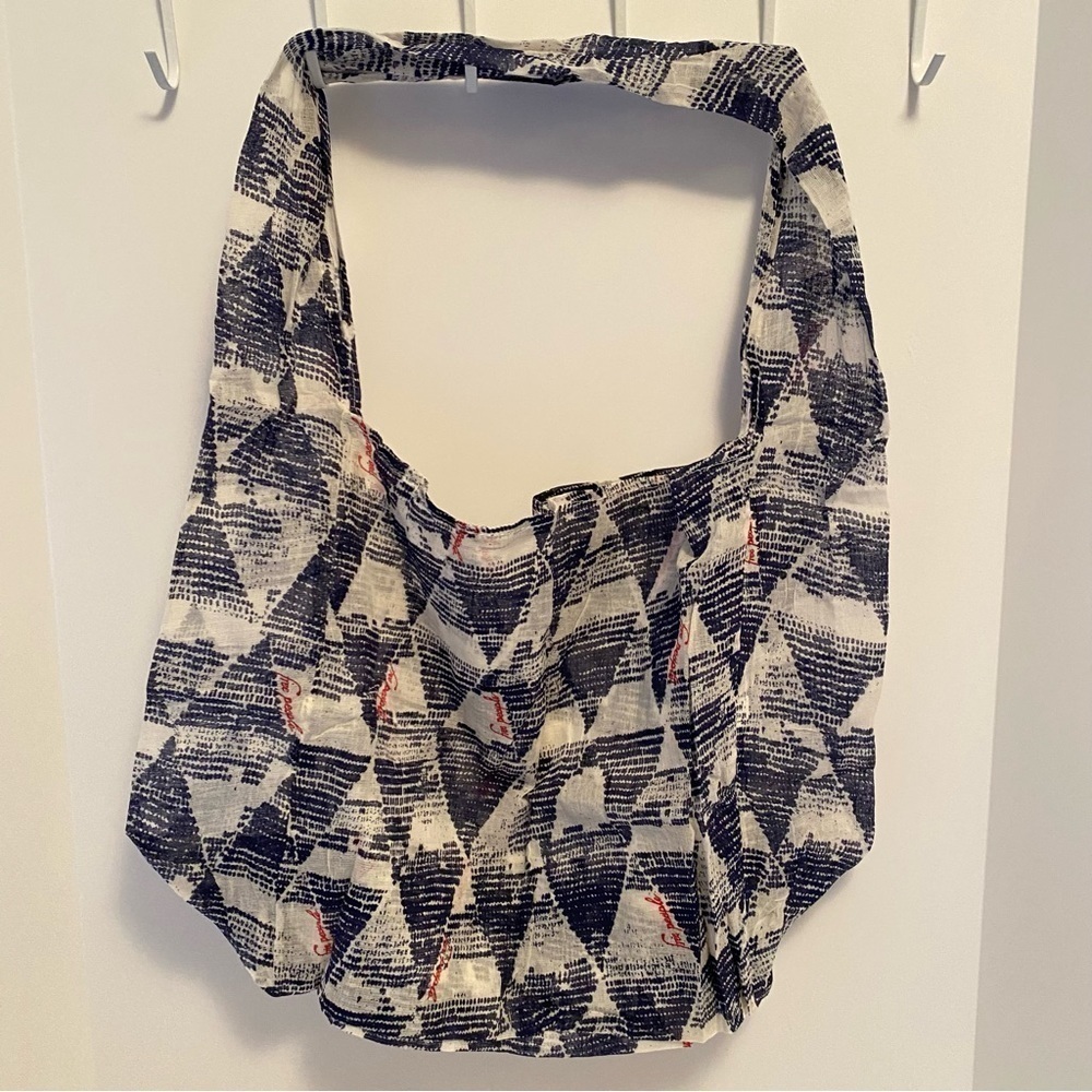 Free People Gauzy Lightweight Cloth Reusable Hobo Shopping Tote Blue Geometric